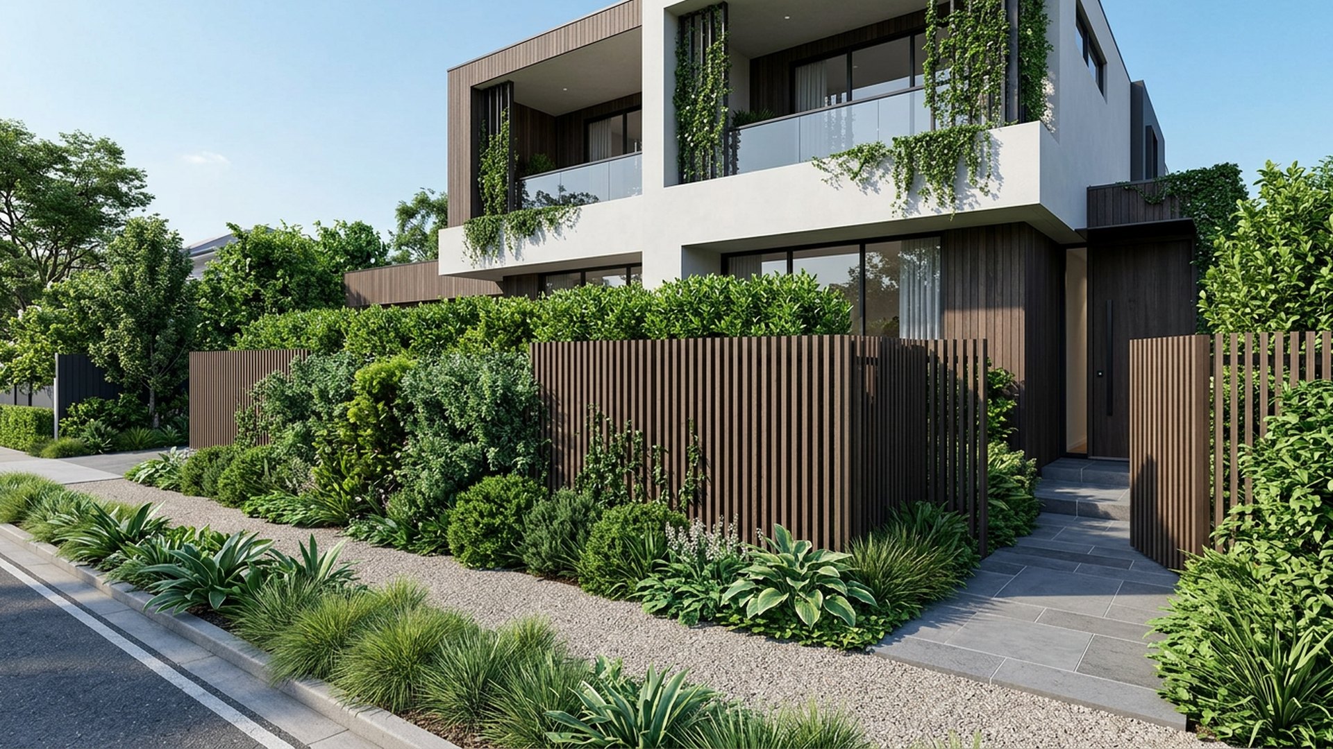 Privacy Screen Front front yard landscaping concept Forward Looking A slatted screen wall and layered hedge that hides living rooms. Images and Photos created by www.house-and-garden-designs.com
