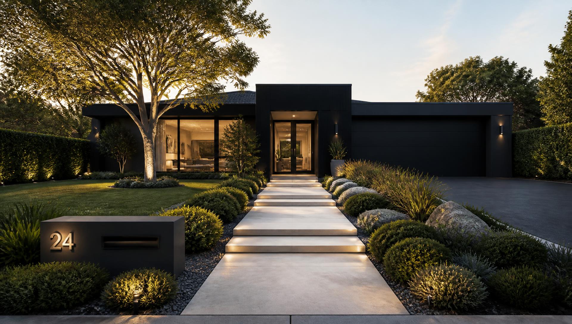 Modern front yard with wide stone path and layered planting beds showing proportion planning. Images and Photos created by www.house-and-garden-designs.com