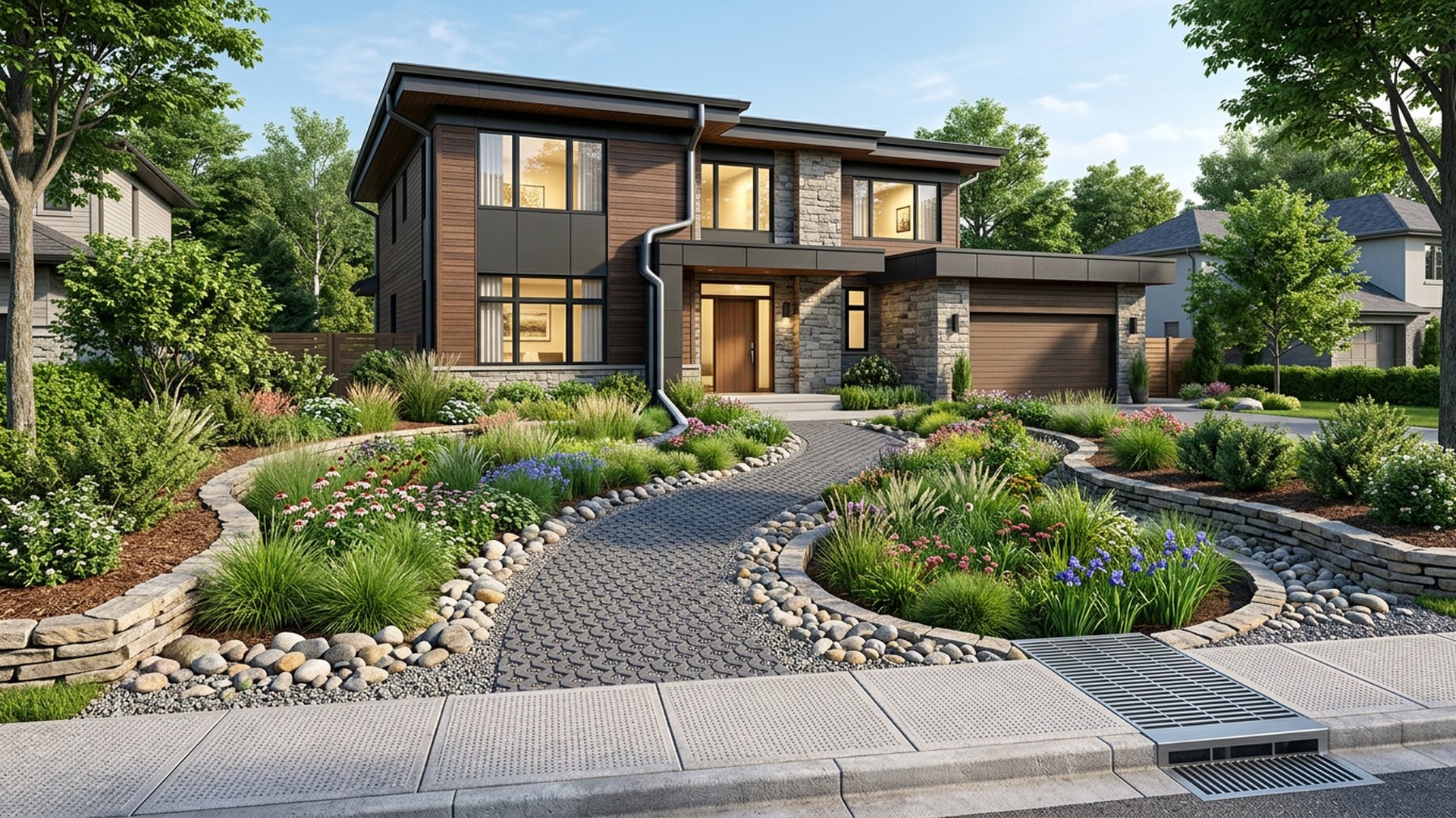 Rain Garden Front front yard landscaping concept Forward Looking A planted swale that captures roof runoff before it reaches the. Images and Photos created by www.house-and-garden-designs.com