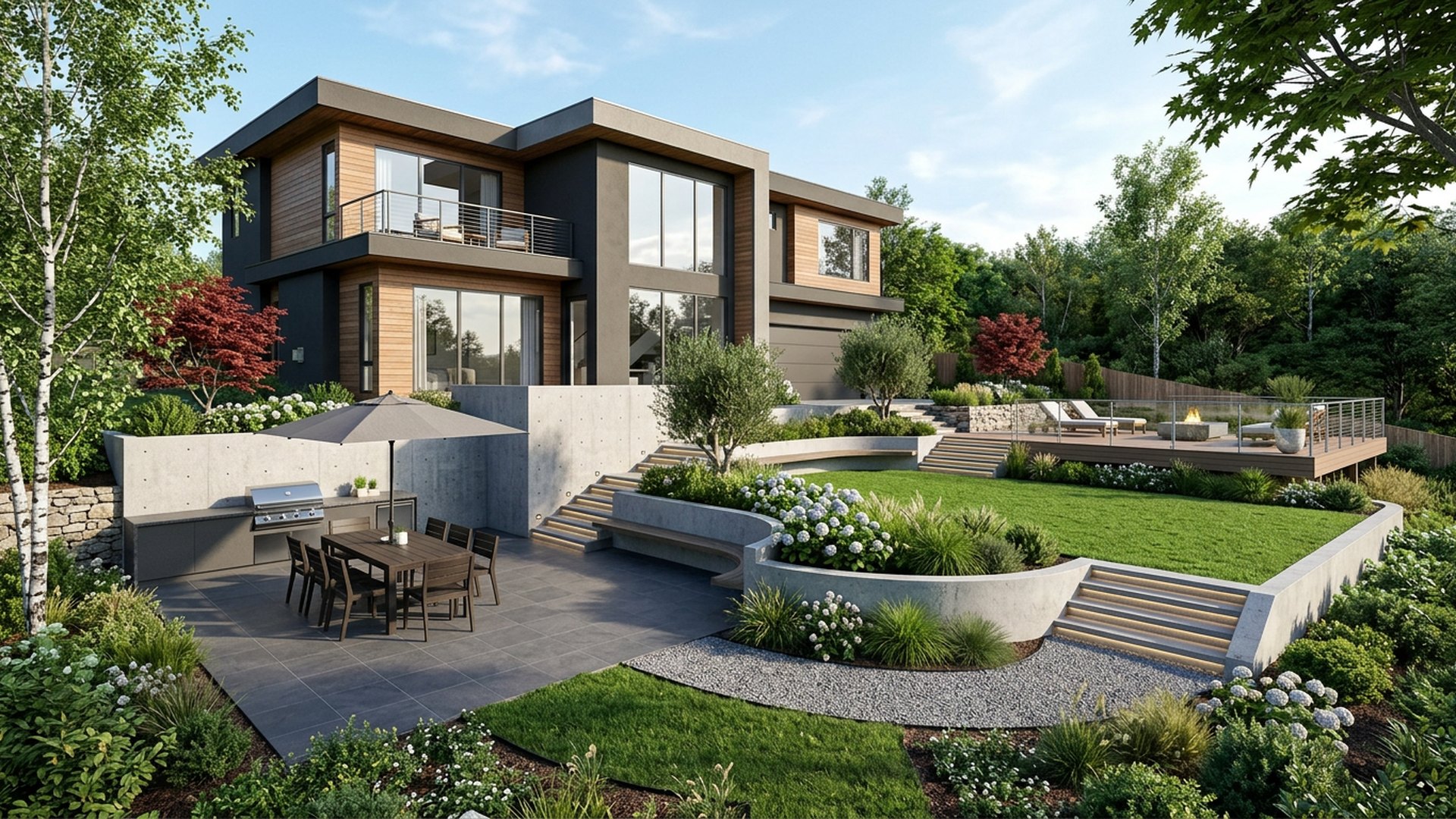Sloping Yard Terraces backyard landscaping concept Forward Looking Three levels: dining terrace, lawn, and a lookout deck at the high. Images and Photos created by www.house-and-garden-designs.com