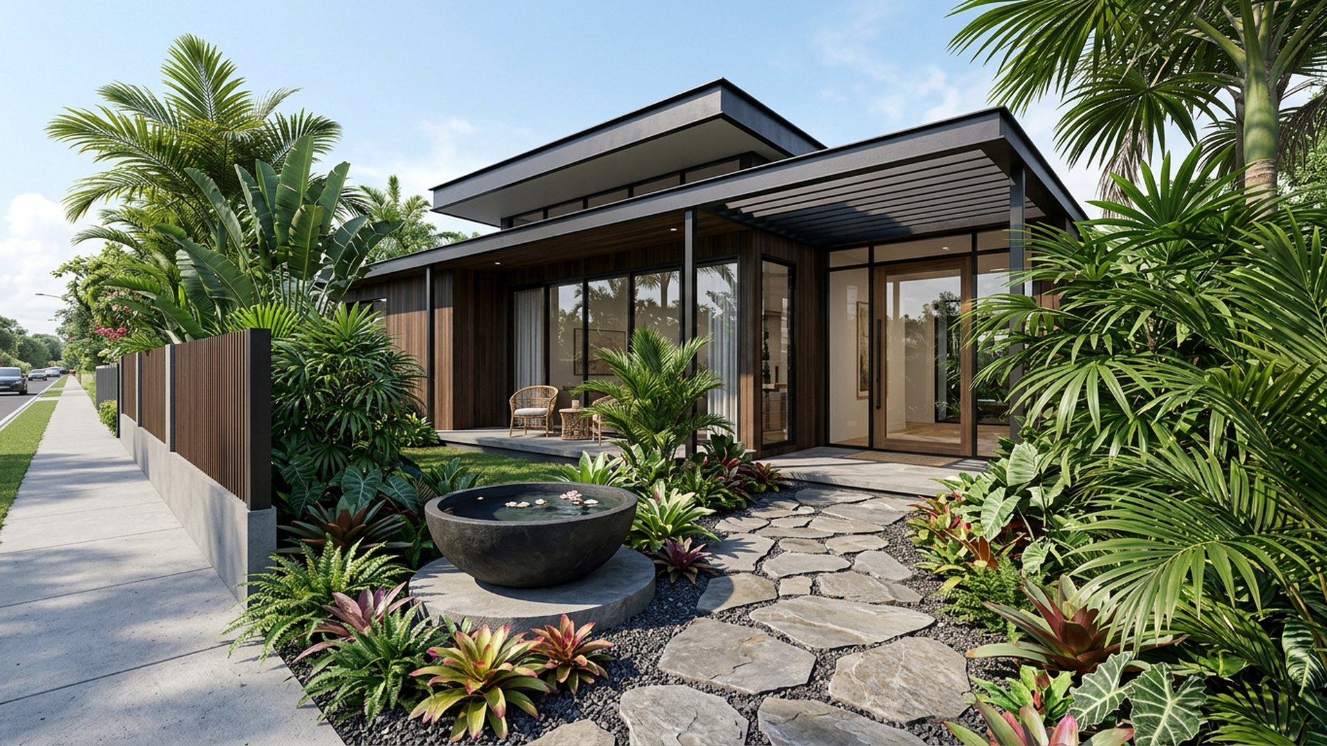 Tropical Arrival front yard landscaping concept Forward Looking Broad leaf palms, bromeliads and a water bowl beside a shaded entry. Images and Photos created by www.house-and-garden-designs.com