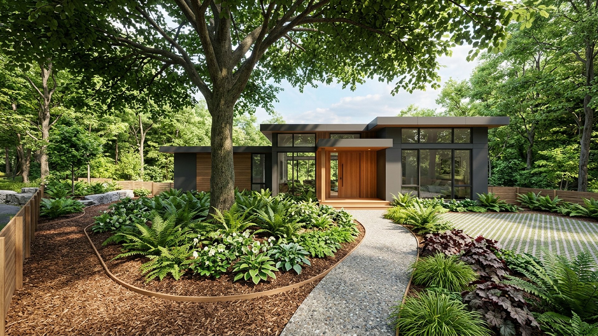 Woodland Shade Front front yard landscaping concept Forward Looking Ferns, hellebores and bark mulch under an existing canopy tree. Images and Photos created by www.house-and-garden-designs.com