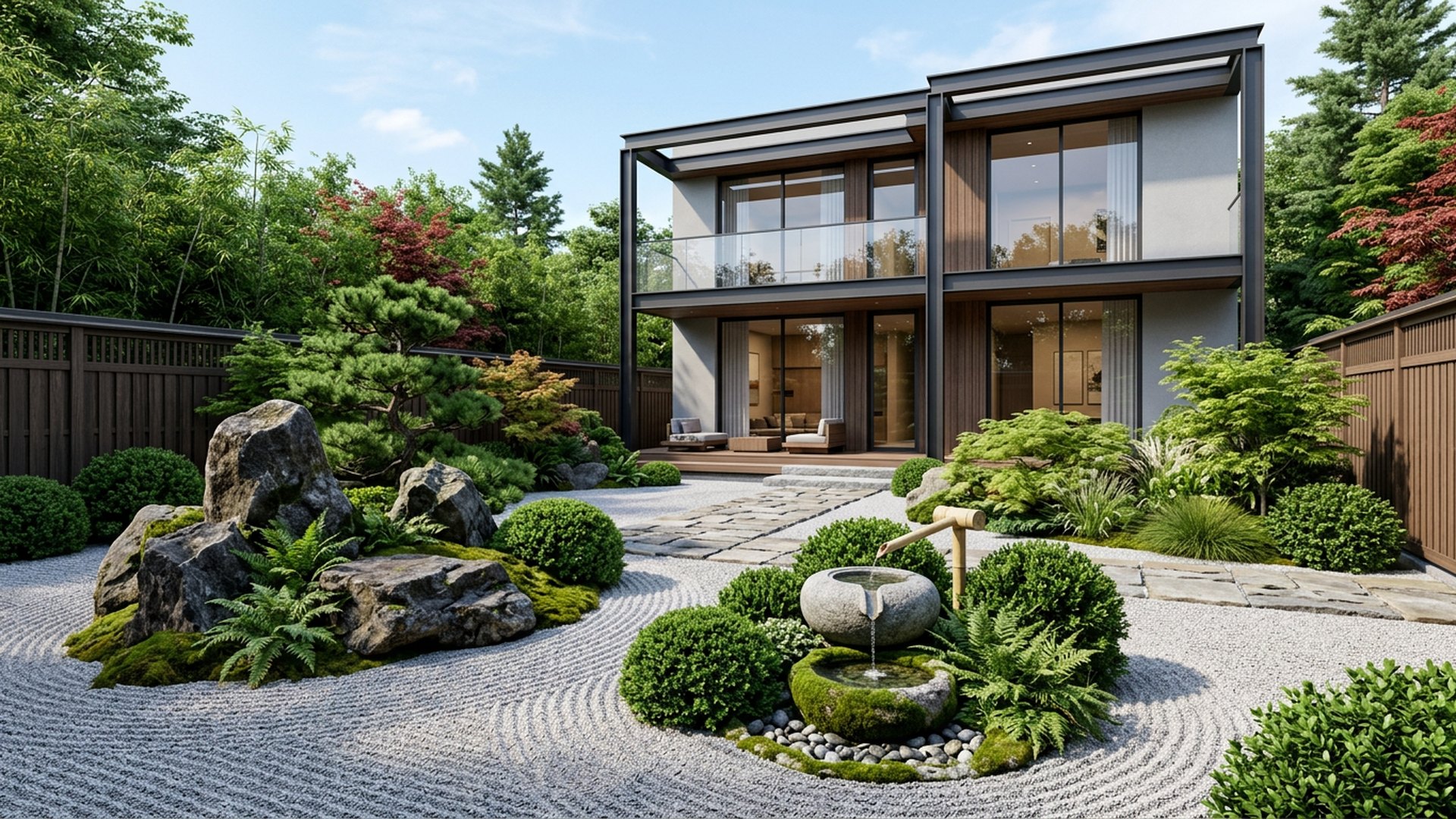 Zen Courtyard backyard landscaping concept Forward Looking Gravel, boulders, a water basin and clipped forms for a still, quiet yard. Images and Photos created by www.house-and-garden-designs.com