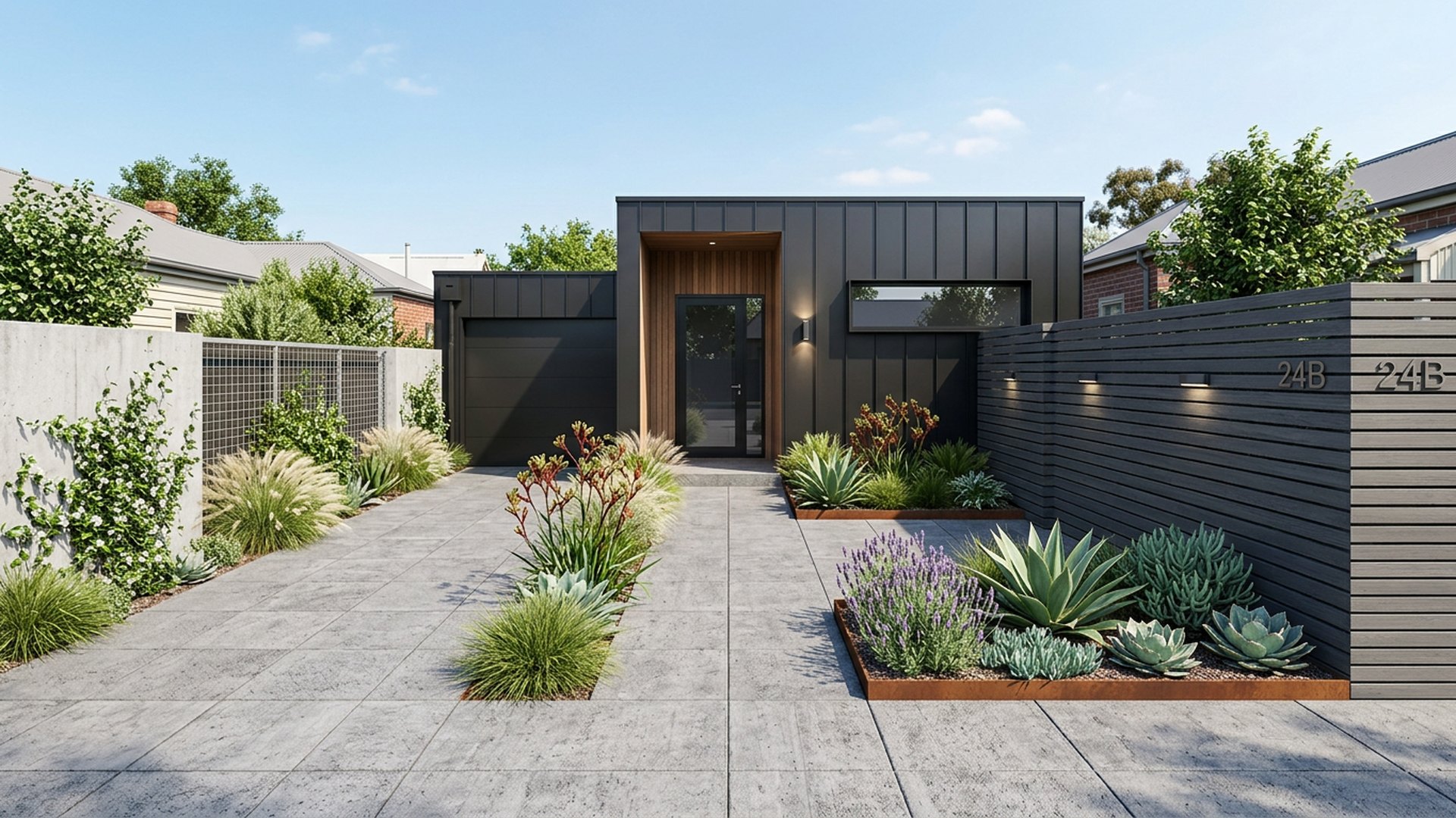 Zero Lawn Courtyard front yard landscaping concept Forward Looking Full paving with planted pockets, perfect for narrow inner-city frontages. Images and Photos created by www.house-and-garden-designs.com