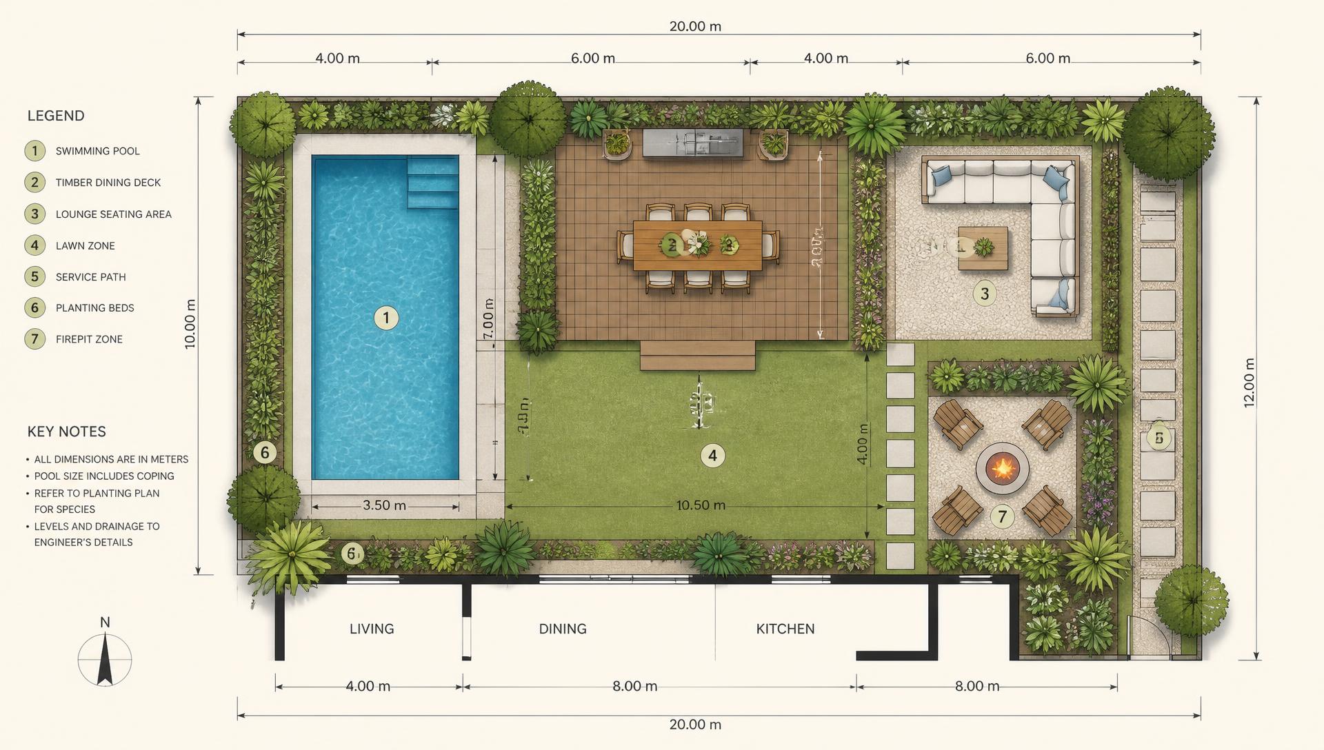 Top down backyard plan showing pool deck lawn lounge zones and measurements. Images and Photos created by www.house-and-garden-designs.com